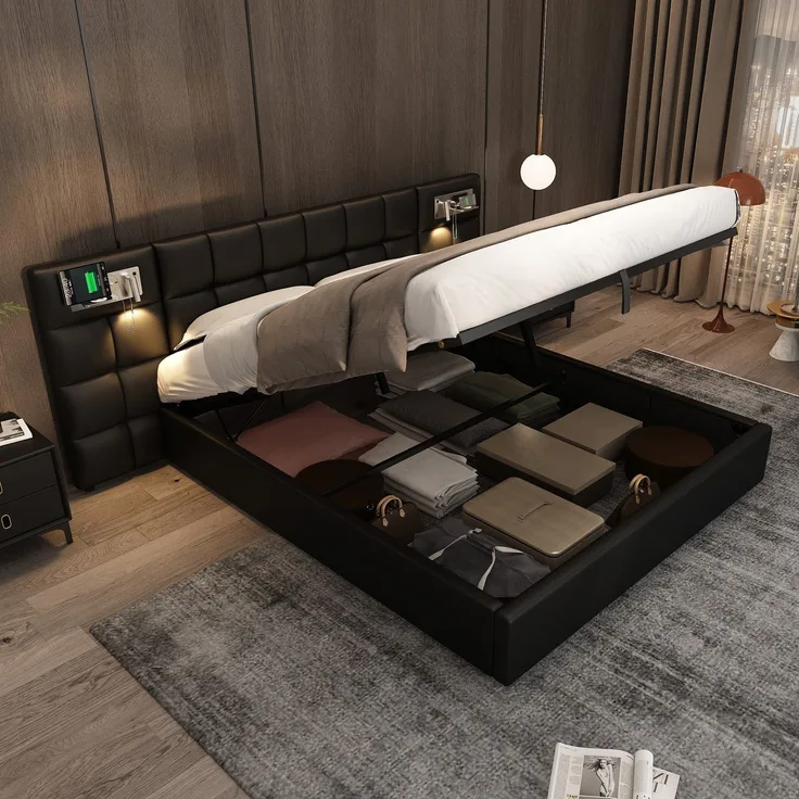 Polsterbett mit LED-Beleuchtung, Wireless Charger und Stauraum, extra breites Kopfteil mit Spots, Type-C und USB Anschlüssen, 180x200 cm, gepolsterter Kopfteil, Doppelbett, Stauraumbett, Kunstleder