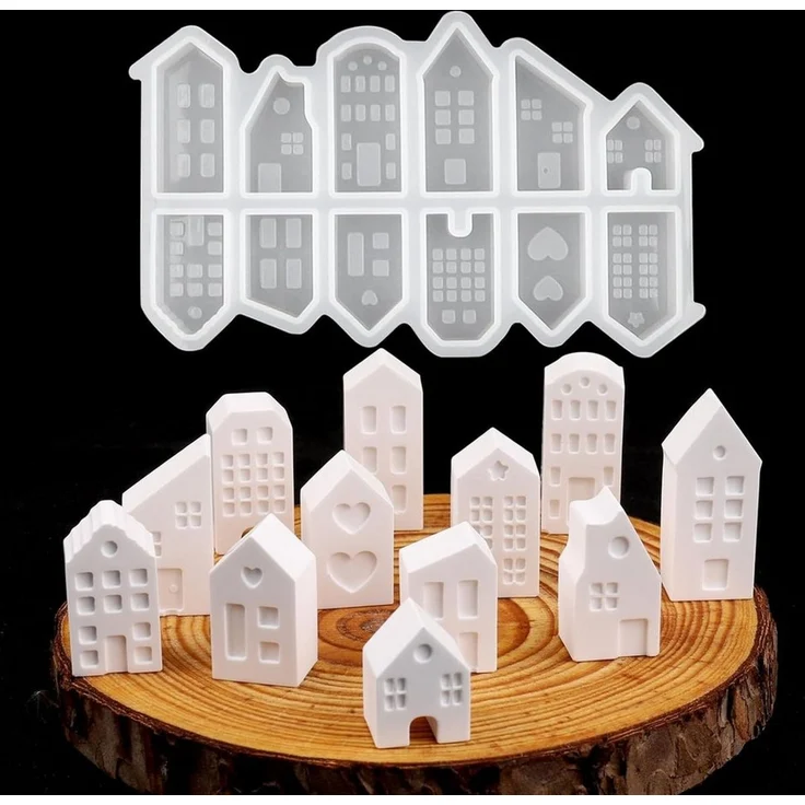 FOUORTUNATE-BEE Backform 12er Set 3D Haus Silikonformen Mini Haus Gießform für DIY Deko, 12 Silikonformen Mini Häuser 3D Gießform für Gips Beton Deko – Bild 1