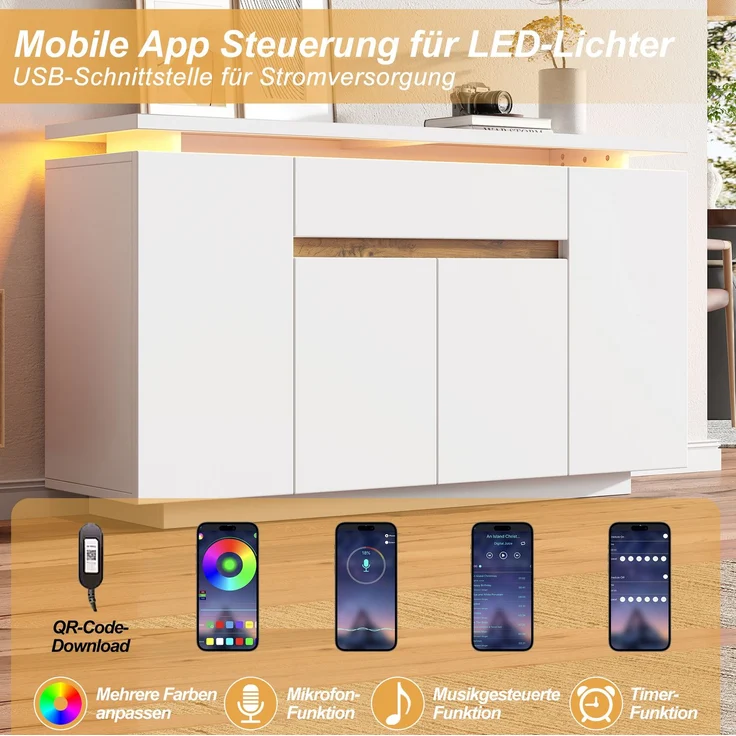 DESVIAE Sideboard mit LED-Beleuchtung und Schublade 140x80x40 cm Spanplatte Weiß – Bild 4