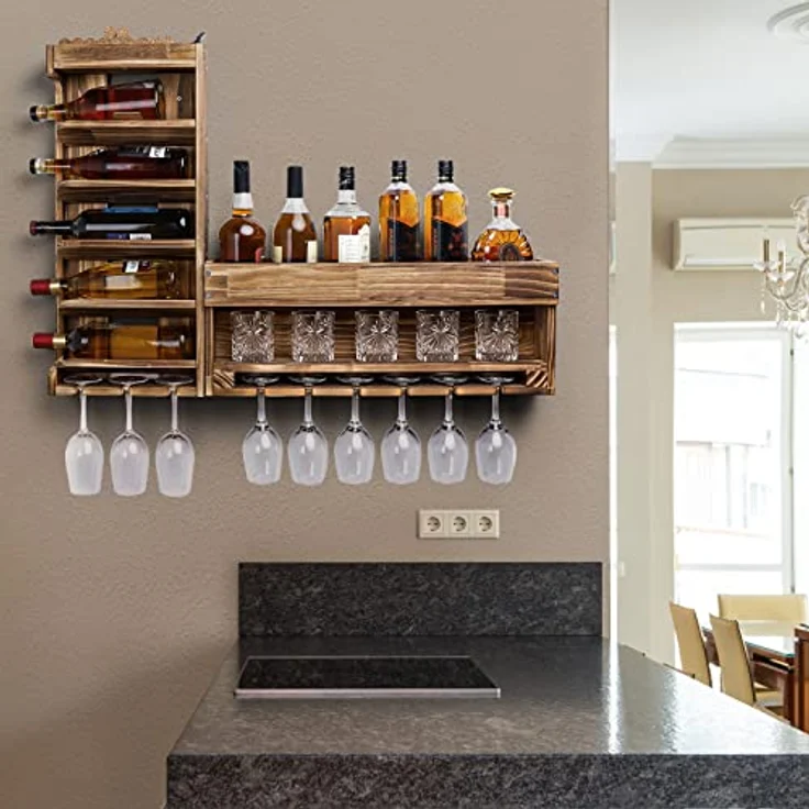Yorbay Weinregal Weinregal aus Holz, Wandbar mit Korkhalter, Holzregal für Weingläser, Whiskygläser, Wandmontage Wand Flaschenhalter Vintage Stil für Hausbar – Bild 6