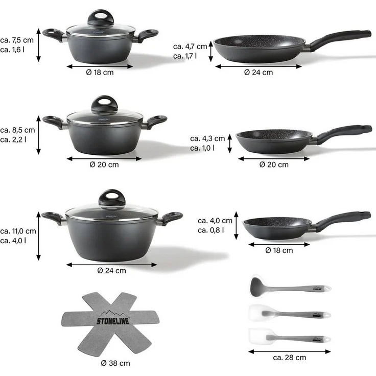 STONELINE Topf-Set, Aluminium, Keramik (Kochgeschirr-Set, 14-tlg, Kochgeschirr-Set, 3x Kochtopf, 3x Bratpfanne, 3x Glasdeckel, Zubehör), mit echten Steinpartikeln, induktionsgeeignet, Designed in Germany – Bild 3