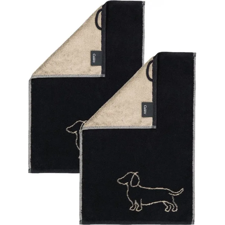 Cawö Handtuch 2 Stück Cawö We love Dogs Gästetücher 6248-93 Dackel Schwarz 30x50, Walkfrottier (Spar-Set, 2-St), 100% Baumwolle
