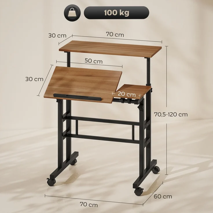 MELAYR, Sitz-Steh-Schreibtisch, höhenverstellbarer Schreibtisch 70 x 60 cm mit Rollen, neigbarer Tischplatte, Braun – Bild 5