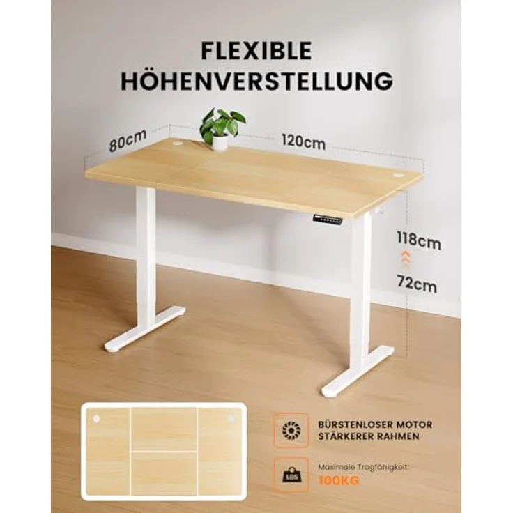 ErGear Höhenverstellbarer Schreibtisch-120x80 cm,100 KG Tragkraft Elektrischer Schreibtisch mit Fortgeschrittenem Bürstenlosem Motor, Leise Funktion, Robuster Metallrahmen, Vierteilige Tischplatte – Bild 3