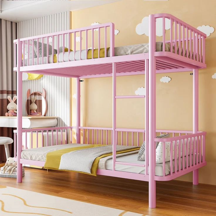 EINHOM Metall-Etagenbett 90*200 mit abgerundeten Ecken, erhöhten Beinen, Sicherheitsgeländer, platzsparend, Schwarz, Rosa (Ohne Matratze) – Bild 3