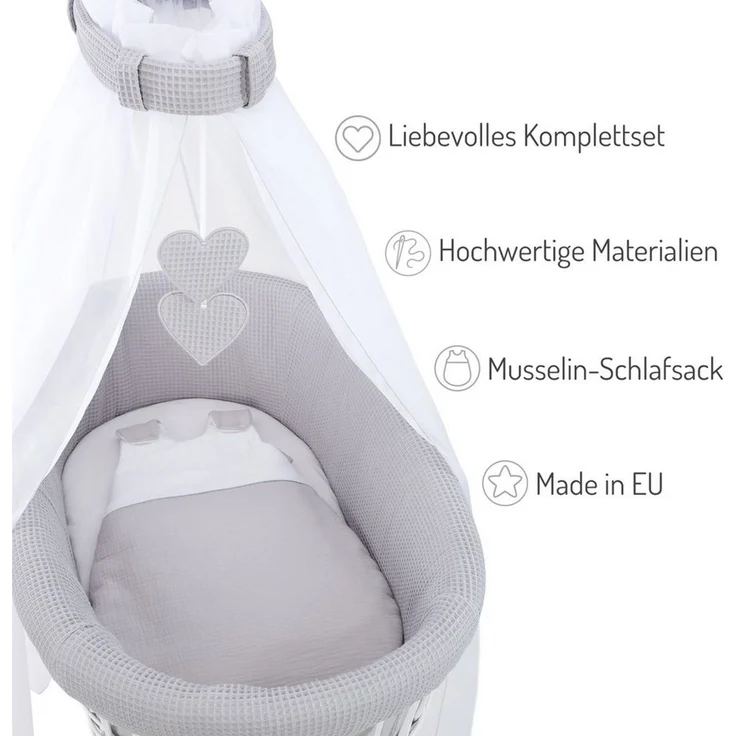 FabiMax Stubenwagen Weiß lackiert, 2 in 1 Musselin / Waffelpiqué Komplettset Grau mit Schlafsack – Bild 2