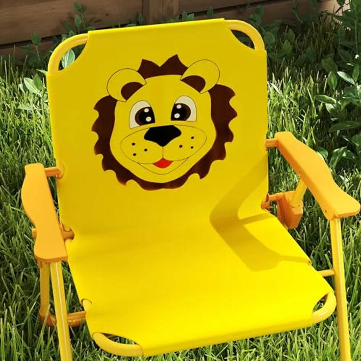 AIYAPLAY Garten-Kindersitzgruppe Kindersitzgarnitur mit höhenverstellbarem Sonnenschirm, (Gartentisch, 2 Klappstühle, 4-tlg, Löwen-Design für 2-5 Jahre Kinder), Gelb – Bild 9
