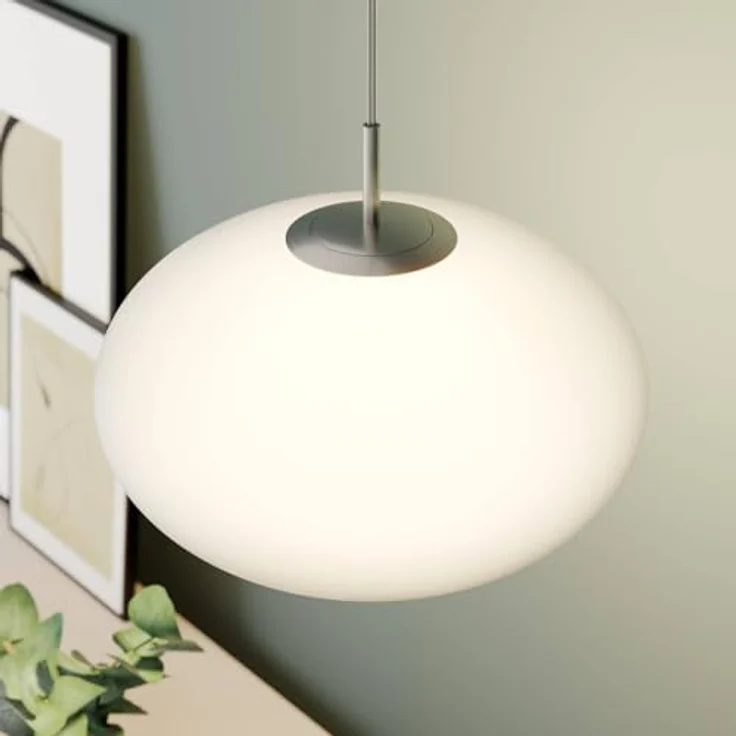 Lindby Hängeleuchte Sonika, Ø 40 cm, nickelfarben, ovaler Glasschirm, E27, opal-mattiert, moderne Grundbeleuchtung – Bild 6