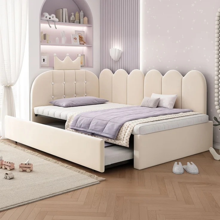 Merax Einzelbett 90x200 cm, Kinderbett, Polsterbett mit 90x190 cm Ausziehbett, Niedliches Kronen- und Gitterdesign, Samt, Beige – Bild 1