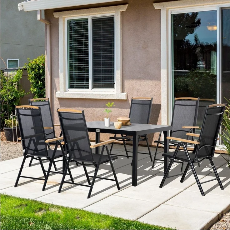 Outsunny Garten-Essgruppe Sitzgruppe klappbar 7tlg. 1 Tisch+6 Stühle Gartenmöbel Set, (Balkonmöbel, 7-tlg, Balkonset), Schwarz 140L x 90B x 74H cm – Bild 5