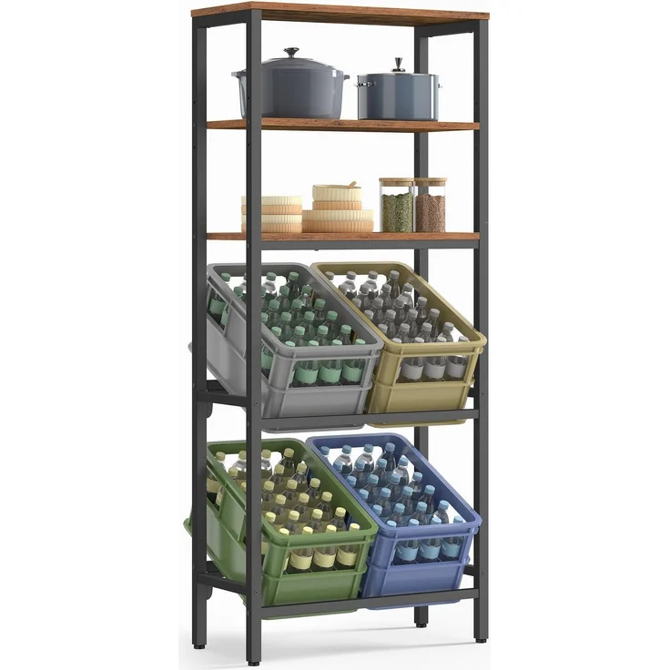 SONGMICS Getränkekistenregal, Aufbewahrungsregal, Jede Ebene bis 150 kg belastbar, Getränkeregal, Küche, Wohnzimmer, Garage, 2 Ebenen für 4 Kisten, 3 Ablagen, vintagebraun-tintenschwarz BSC375K101