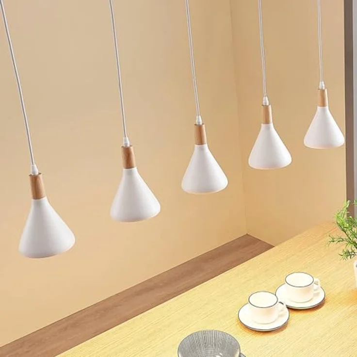 Lindby Pendelleuchte 'Arina', 5-flammig aus Metall und Holz, weiß, E14 max. 8W, 100 x 12 cm, Scandi Design für Wohnzimmer und Esszimmer – Bild 6