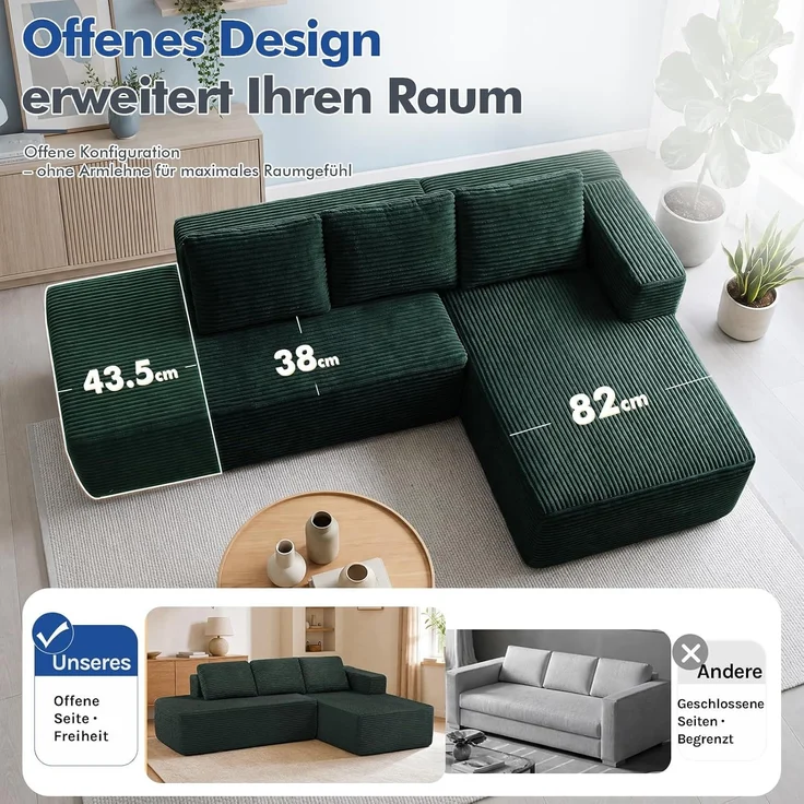 COMHOMA Ecksofa mit Schlaffunktion, 228cm Corduroy Modulares Boneless Couch mit Chaiselongue & Rücken-Metallgestell, L-Form Schlafsofa mit offenem Design, Kissen & Seitentaschen,für Wohnzimmer, Grün-L – Bild 9