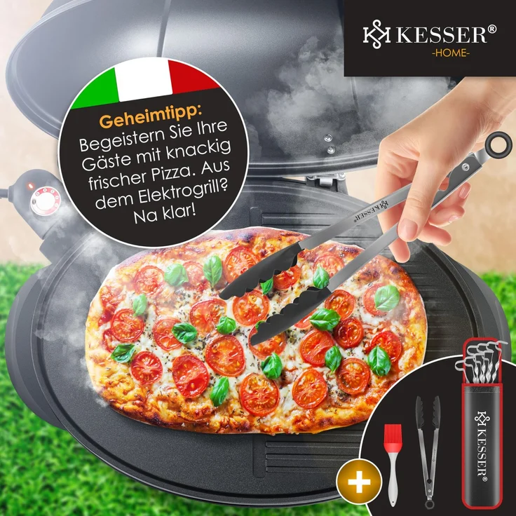 KESSER® elektrischer Elektrogrill 2in1 Tischgrill - Standgrill mit Deckel Standfuß | max. 2400 Watt Thermometer | Antihaftbeschichtung | XXL Grillplatte | integrierte Ablagefläche Elektro-Säulengrill Schwarz - Set – Bild 9