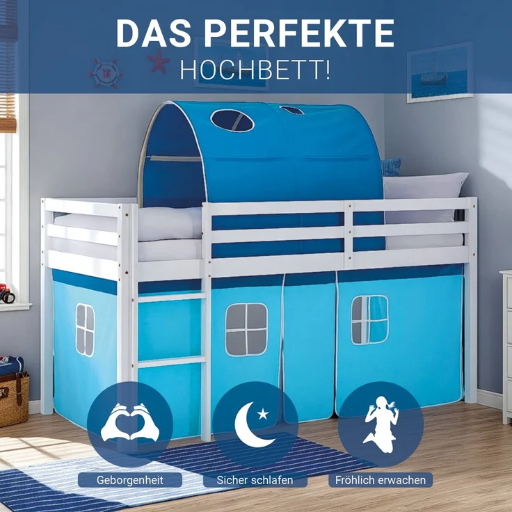 Hochbett Kinder 90x200 cm Kinderbett Kinderhochbett Stockbett Tunnel Vorhang Blau Holz Massiv – Bild 4