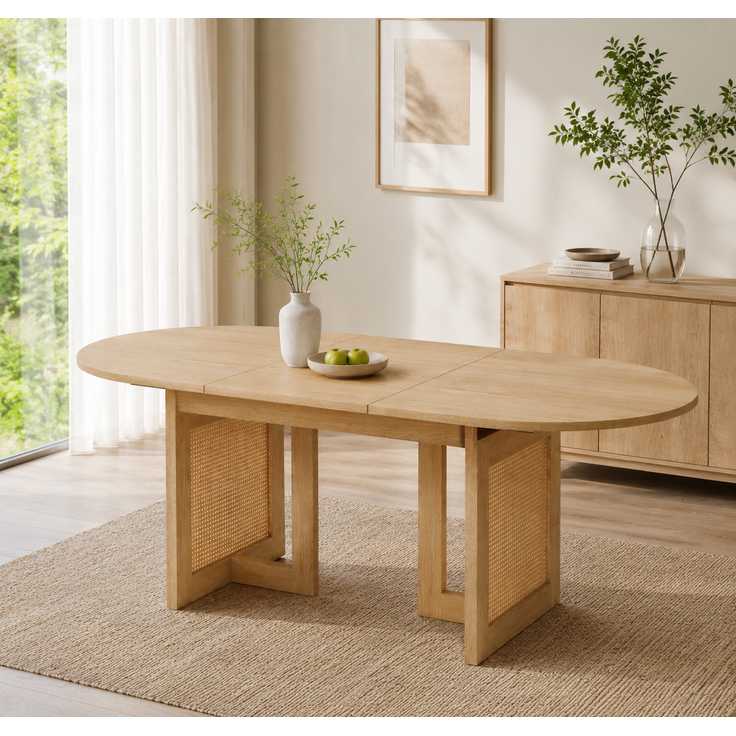 Ausziehbarer Esstisch 150/200 * 90 cm, geeignet für 6–8 Personen,Esstisch mit abgerundeten Ecken, verdickte Tischplatte, ausziehbarer Esstisch im einfachen Stil, Tischbeine aus Rattan, Eichenfarbe – Bild 5