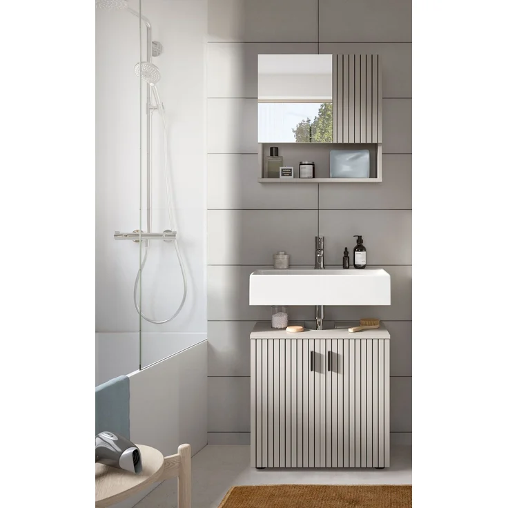 xonox. home – Badkombination Mone 60 x 180 x 30 cm in Kaschmir Nachbildung – 2-teiliges Set bestehend aus Waschbeckenunterschrank & Spiegelschrank – Ideale Lösung für kleine Bäder, modern & pflegeleicht – Bild 6