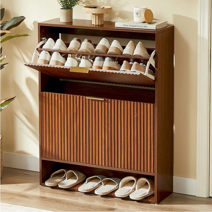 BBWL Schuhschrank mit Kippschutz, höhenverstellbare Fächer, MDF Flur Schuhkommode Schuhschrank 80x24 cm Nussbaum-Optik schmal mit Nutfront Dekotisch