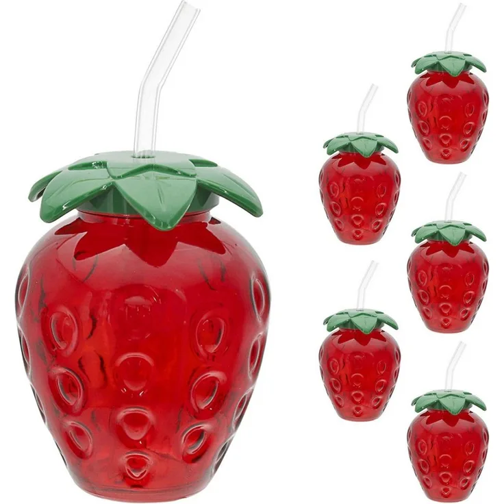 CEPEWA Deko-Glas Trinkglas Strawberry 6er Set Glastrinkhalm PS 450ml 9,5x13 cm rot grün