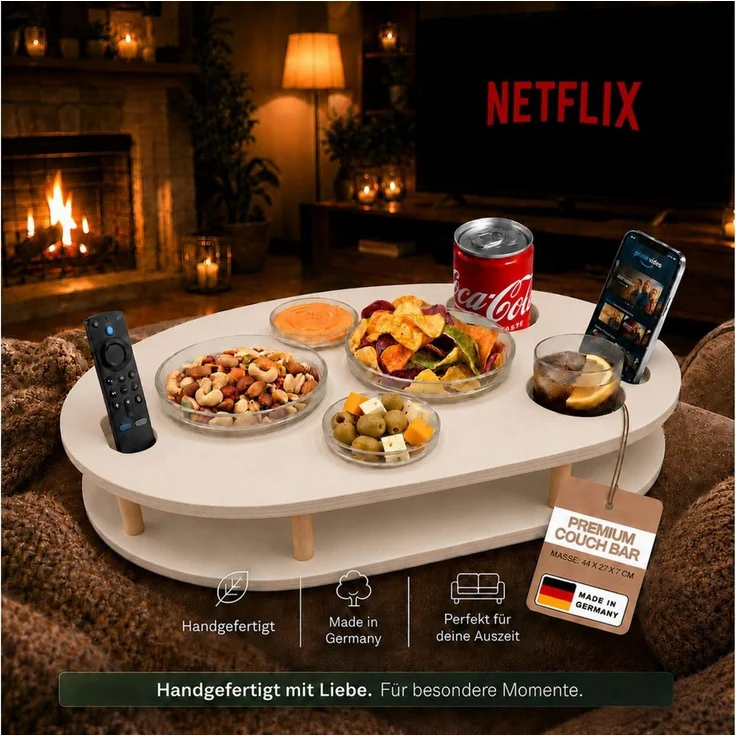 PEGSEN Servierplatte Couchbar Snackbox mit 4 Snackschalen Couch Tablett, Birkenholz, (Set, 5-tlg, 4x Glasschalen), Getränke & Snacks stehen stabil – Bild 3