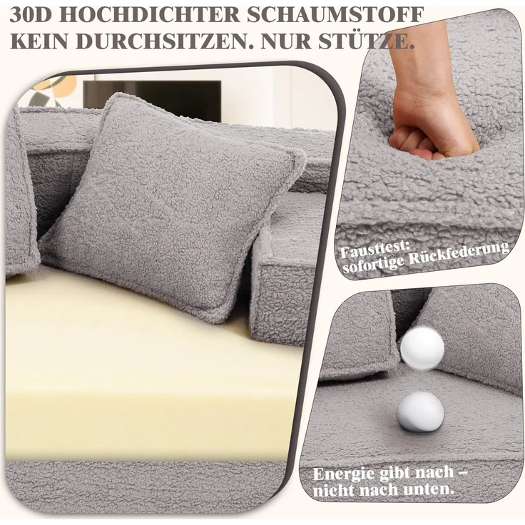 COMHOMA Sofa, modulares Schlafsofa, Polstersofa, 3-Sitzer Sofa, Flexible Sektionscouch,mit Aufbewahrungstasche, Couch mit schlaffunktion, Keine Montage erforderlich, Sherpa-Kunstfell-Bezug, Grau – Bild 6