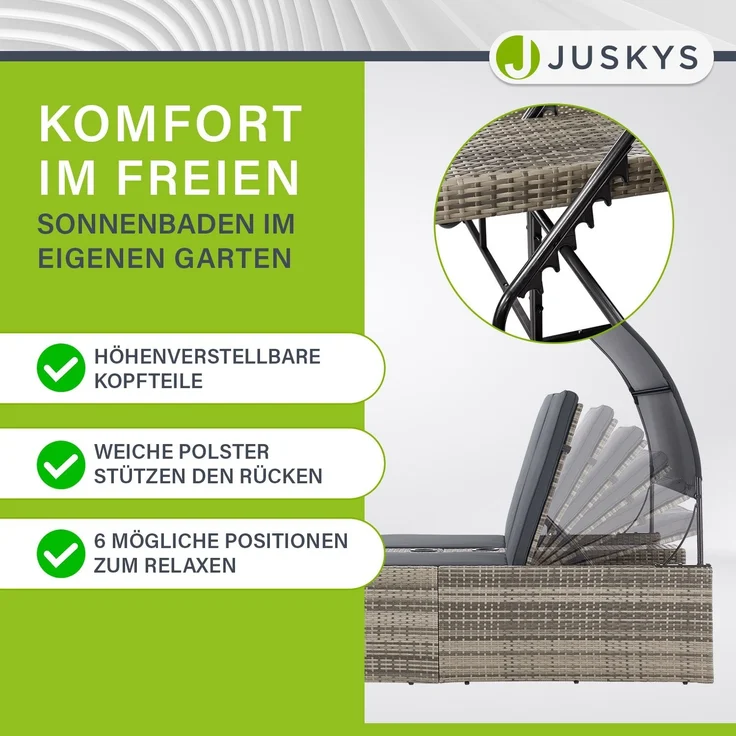 Juskys Polyrattan Doppelliege Syros - Garten Sonnenliege für 2 Personen - Outdoor Liege mit Dach & Auflagen - Kopfteil verstellbar - Grau-meliert – Bild 8