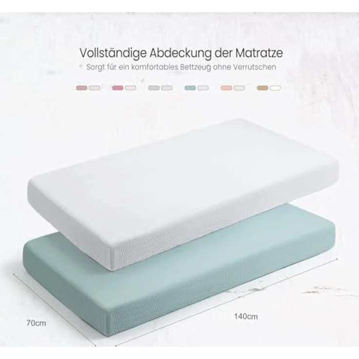 lulumoon 2er Set Kinder Spannbettlaken, Musselin-Baumwolle Spannbetttuch für Babybett und Kinderbett 60x120 cm / 70x140 cm Reisebett Spannlaken Beistellbett Leintücher (Grau Grün, 70x140 cm) – Bild 4