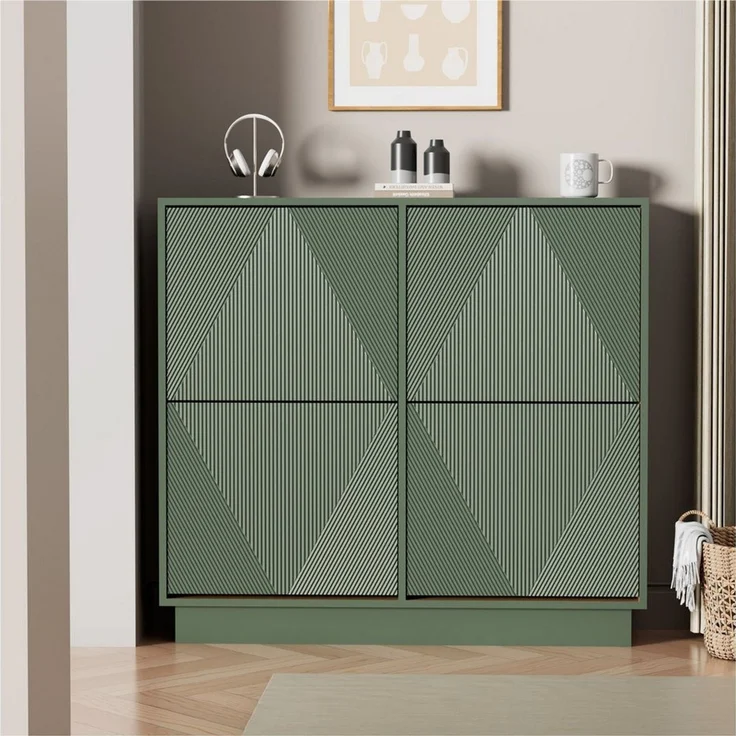 UEV Schuhschrank schmaler Schuhschrank mit 4 Klappen, Schukipper Schuhregal 100x24x91cm Schuhkommode mit Kippschutz & Drucktür & Verstellbarer Trennwände – Bild 1