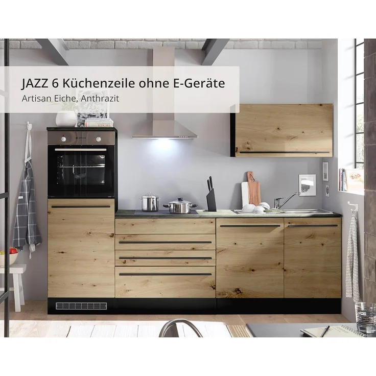 JAZZ 6 Moderne Küchenzeile ohne Elektrogeräte in Anthrazit, Artisan Eiche Optik - Geräumige Einbauküche mit viel Stauraum - 260 x 200 x 60 cm (B/H/T) – Bild 9
