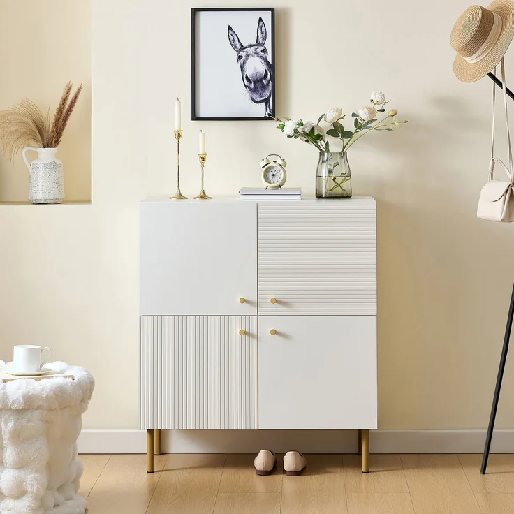 Sideboard Weiß MDF 80 x 36 x 90 cm, modern, Metallbeine, Aufbewahrungsschrank Wohnzimmer Schlafzimmer Flur – Bild 3