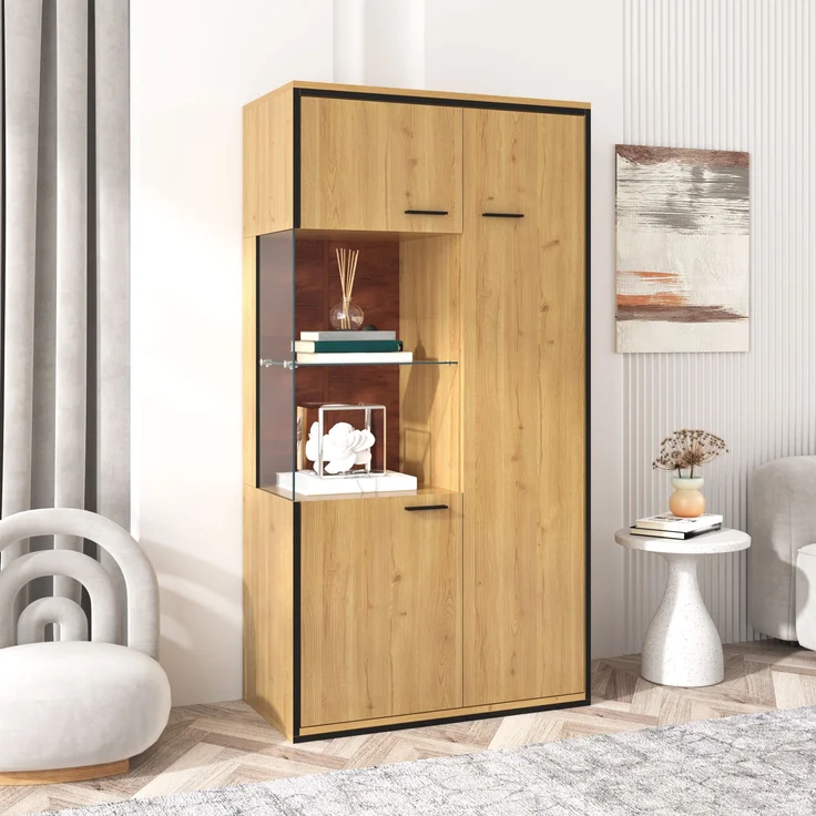 Vitrine aus MDF mit Glastür & LED-Beleuchtung, 77,5x40x150 cm, Natur – Bild 2