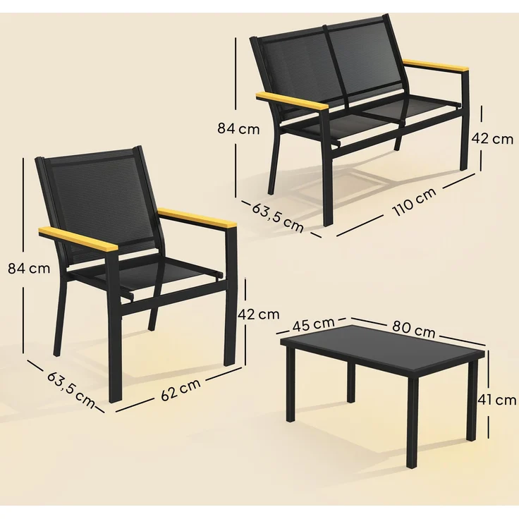 Rayofly-4-teiliges Gartenmöbelset, 2-Sitzer Sofa, 2 Stühle, Couchtisch gehärtetes Glas, Schwarz, 84×110×63,5 cm – Bild 4