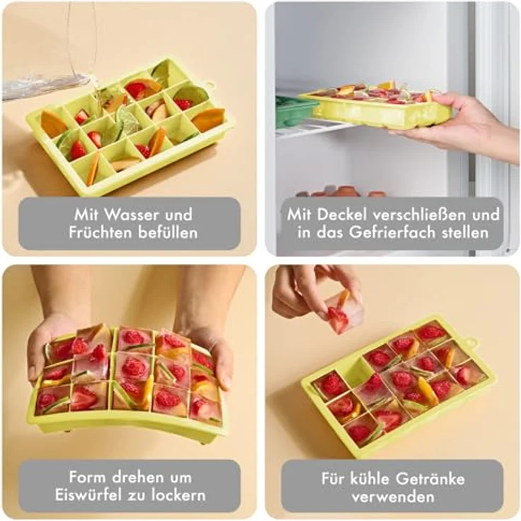 Blumtal Eiswürfelformen Silikon 3er Set - 15er Eiswürfelform mit Deckel - BPA-freie Silikon Eiswürfelform - Ice Cube Tray lebensmittelecht - Ice Tray - Grau + Grau + Gelb – Bild 5