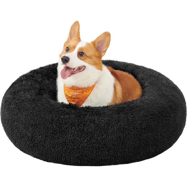 Feandrea Hundebett flauschig, Katzenbett, Donut Kissen, waschbar, Polsterung in der Mitte herausnehmbar, Langer Plüsch, 80 cm Durchmesser, tintenschwarz PGW040B01 – Bild 1