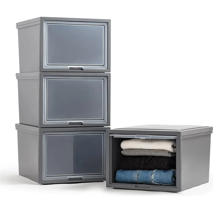 Iris Ohyama, Schubladen aus Kunststoff, stapelbar, für Kleidung, Schuhe, 40 l, 4 Stück, groß, dunkelgrau, Klapptür, für Schrank, Schlafzimmer, Eingang, BPA-frei, Organizer, Turm, BCF-500