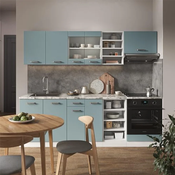 Vicco Küchenzeile R-Line, Blaugrau und Weiß, Rechteckig, 240x81.6x60 cm, Holzwerkstoff, Küchenblock ohne Geräte – Bild 2