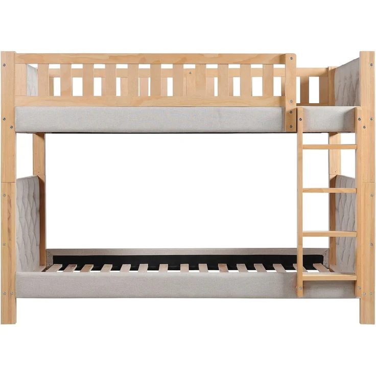 Etagenbett mit 2 Schlafgelegenheiten, 90x200cm, Kopfteil gepolstert, Kinderbett mit Leiter und Lattenost, Massivholz – Bild 7