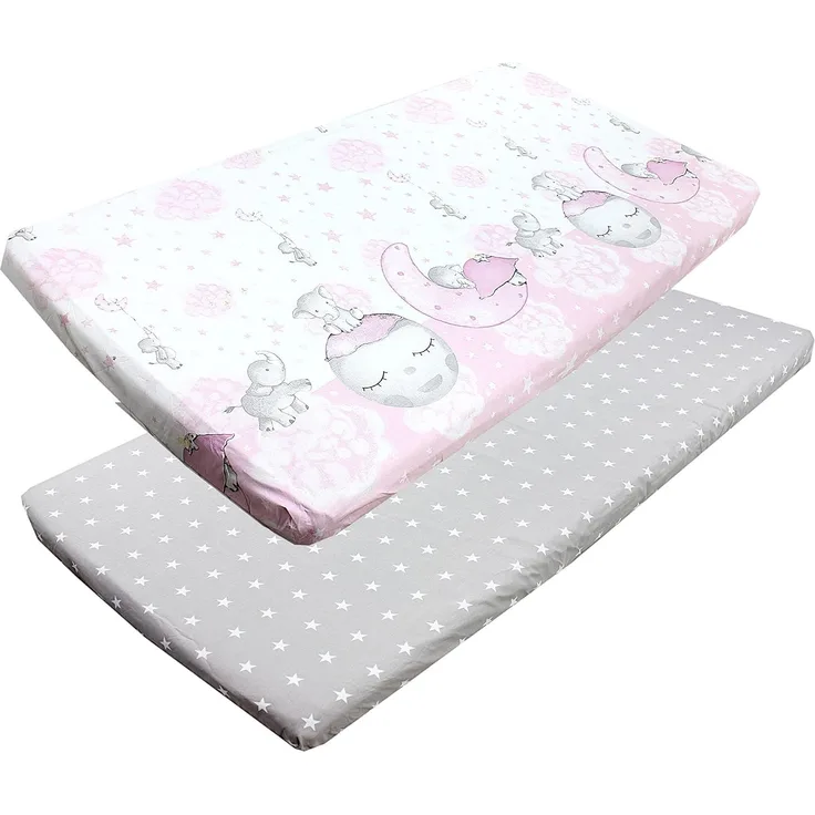 TupTam Spannbettlaken Baby, für Babybett/Kinderbett, 2er Pack, Mond mit Elefant / Rosa / Sterne / Grau, 60 x 120 cm