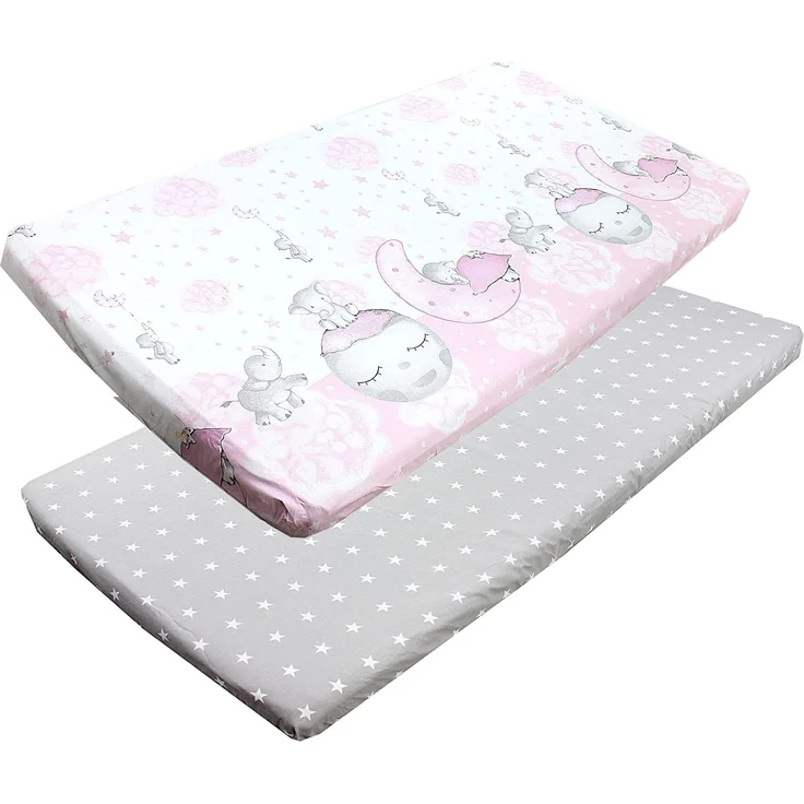 TupTam Spannbettlaken Baby, für Babybett/Kinderbett, 2er Pack, Mond mit Elefant / Rosa / Sterne / Grau, 60 x 120 cm – Bild 1