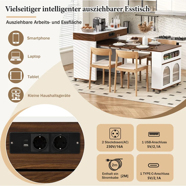 Kücheninsel aus MDF mit ausziehbarer Tischplatte, H 95,5 x T 110,5 x B 50,5 cm, Weiß/Walnuss – Bild 8