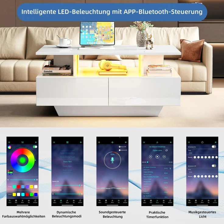 Couchtisch 90×55×41 cm Hochglanz Weiß mit LED-Beleuchtung, moderner Wohnzimmertisch mit 2 Schubladen, offenem Fach – Bild 7
