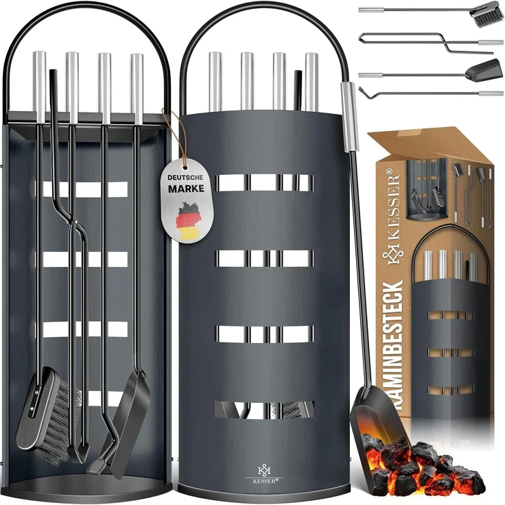 KESSER® Kaminzubehör 5-teiliges Kaminbesteck Set – Modern Design, beschichtet, Hochwertige Kamingarnitur aus 5 Teilen: Besen, Schaufel, Schürhaken, Zange, Ständer mit Sichtschutz Edelstahl Anthrazit – Bild 1
