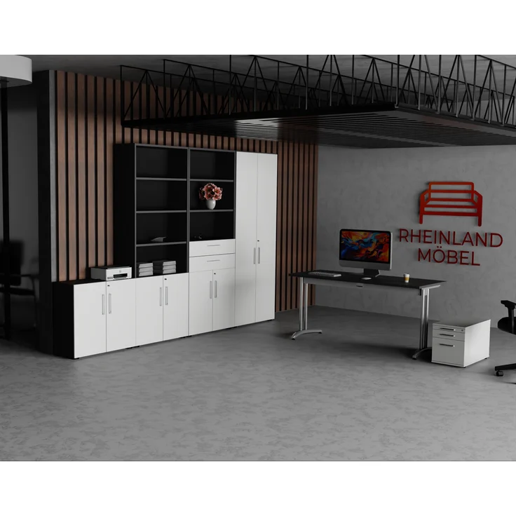 Rheinland Möbel Flügeltürenschrank Cabino 80×42×216 cm – abschließbarer Aktenschrank 6OH in Graphit/Grau mit 110° Drehtüren & Metallgriff – Bild 5