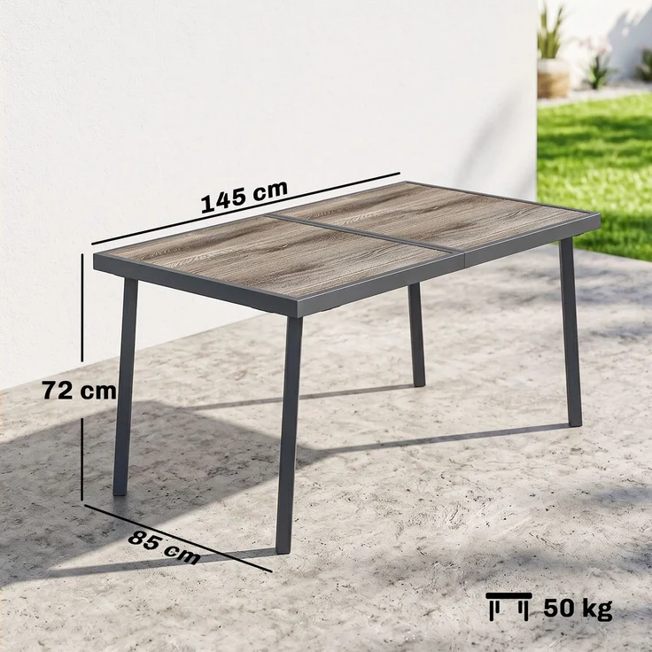 Rechteckiger Gartentisch für 6 Personen mit Tischplatte in Holzoptik, aus Stahl und PSPC, 145 x 85 x 72 cm, grau – Bild 5