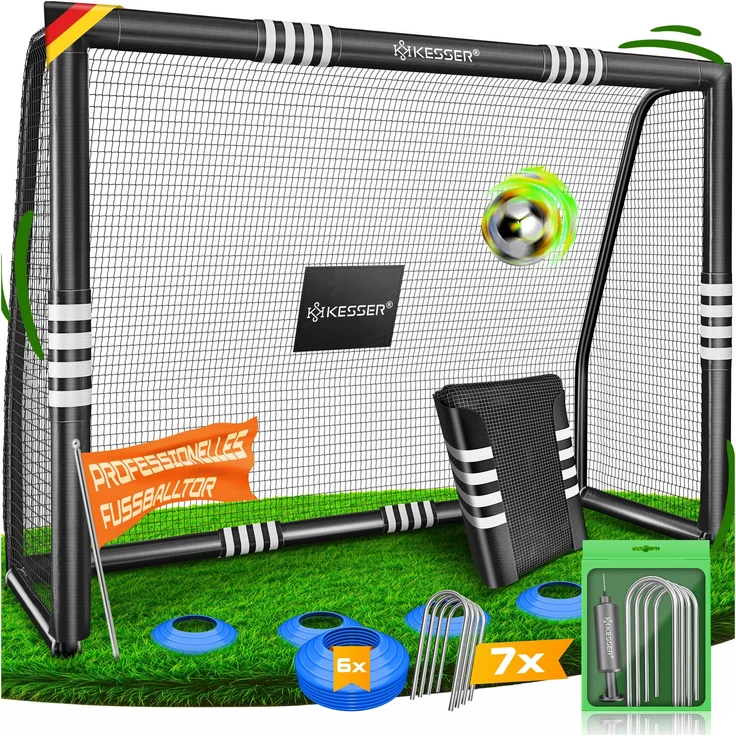 KESSER® Fußballtor für Outdoor, UV-beständiges Netz, Stahlrahmen mit Polsterung, Erdhaken, Luftpumpe, Schwarz, 300cm – Bild 1