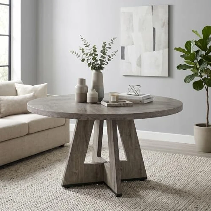 LITTLE TREE Runder Esstisch 120 cm, Esszimmertisch mit Holzsockel für 4–6 Personen, Kleiner Küchentisch im Minimalistischen Design, für Wohnzimmer Balkon Esszimmer, Grau – Bild 6