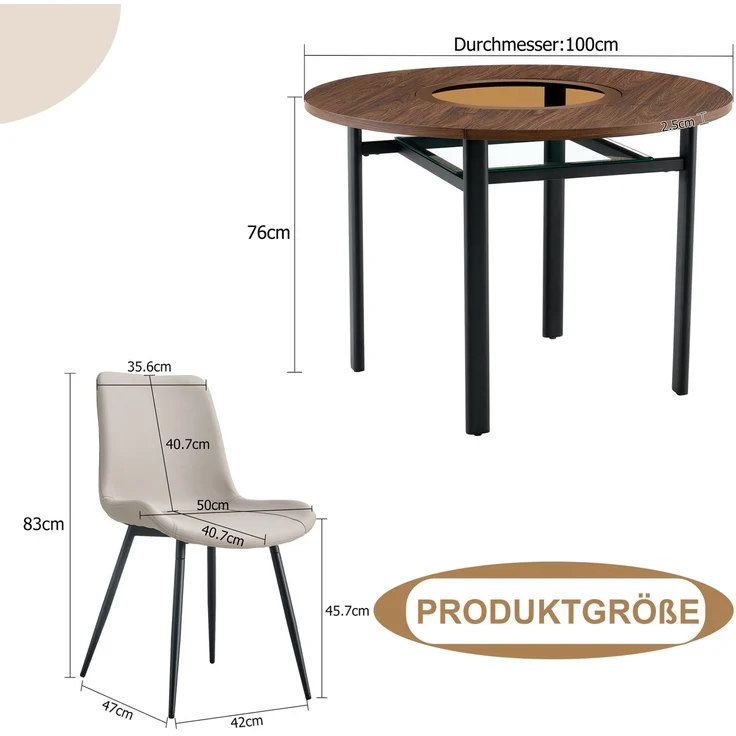 Essgruppe mit rundem Tisch Ø 100x76 cm, Glasablage & PU-Stühlen, Braun/Schwarz/Warmgrau – Bild 4