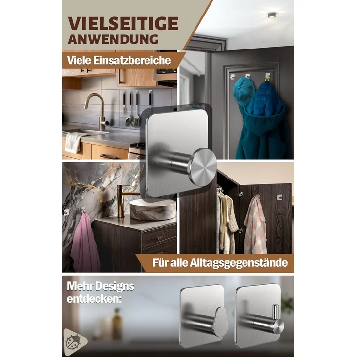 Lindenstein Wandhaken 6er-Set Silber – Edelstahl V2A, 3M-Pads, ohne Bohren – Bild 6