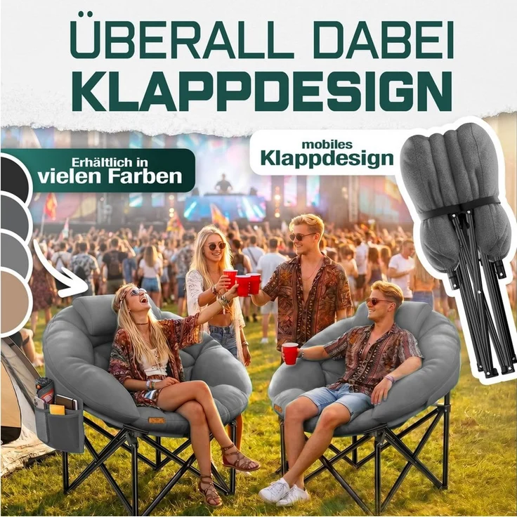 KESSER® Campingstuhl Chillexer faltbar 150 Kg Klappstuhl ultraleicht und breit, dickes Polster mit bequemen Kissen und Seitentasche, Cover, Outdoor + Indoor - rund, Camping, Angeln, Festival, Strand Grau – Bild 4