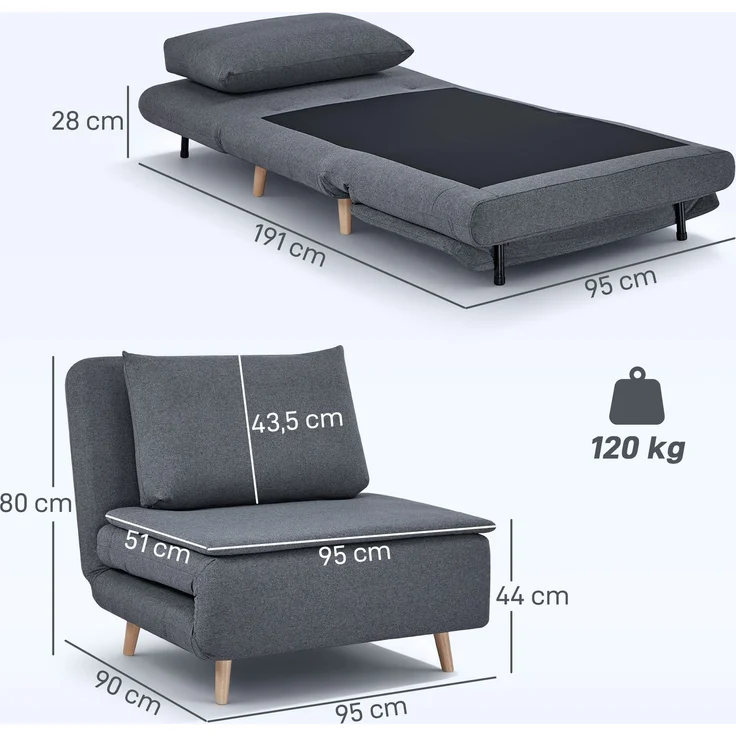 3-in-1 Schlafsessel mit Bett-Funktion, Liegesessel, verstellbare Rückenlehne, Buchenholzbeine, Kissen, Grau--Grau--95x90x80cm--YOUDENOVA – Bild 5